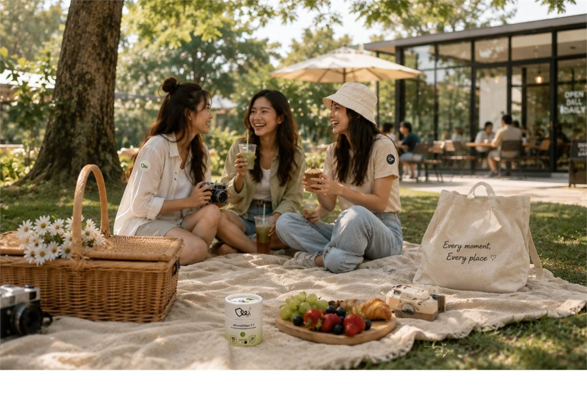 บรรยากาศคาเฟ่เอาต์ดอร์ท่ามกลางต้นไม้ในช่วงบ่าย
