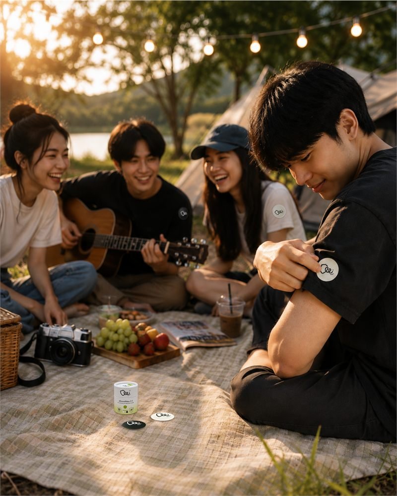 กลุ่มเพื่อนกลุ่มเดิมในมุมเดียวกัน ยิ้มและผ่อนคลาย โดยมีสติกเกอร์ไล่ยุง วี วี แปะอยู่บนแขนเสื้อ